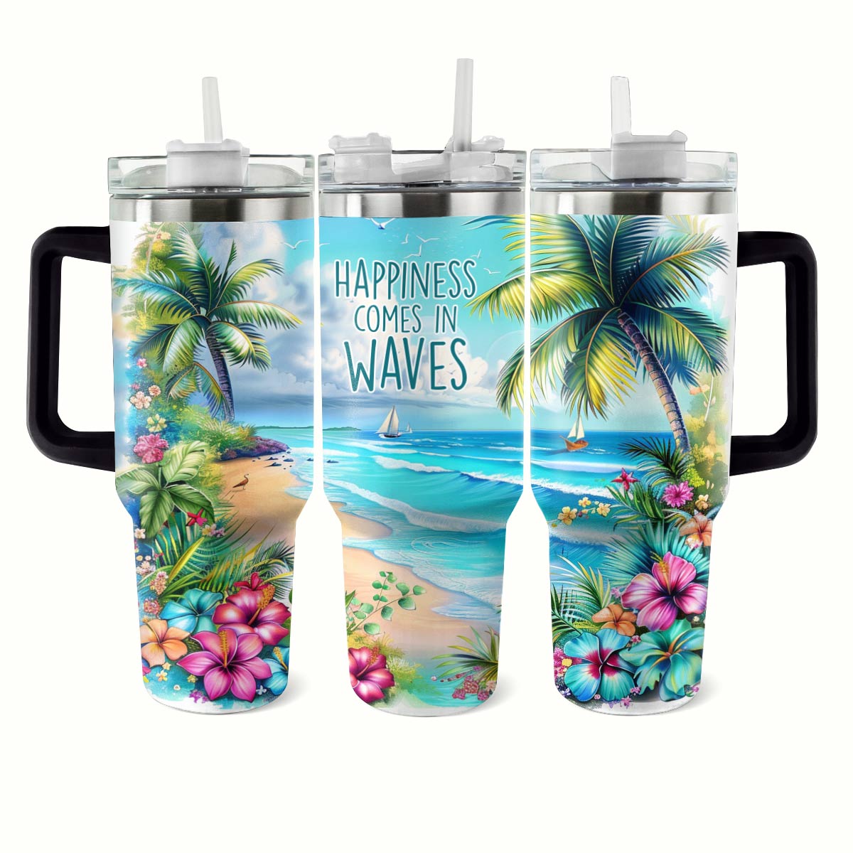 Happy Waves Custom Stanley Quencher 40oz Stainless Steel Tumbler With Handle
