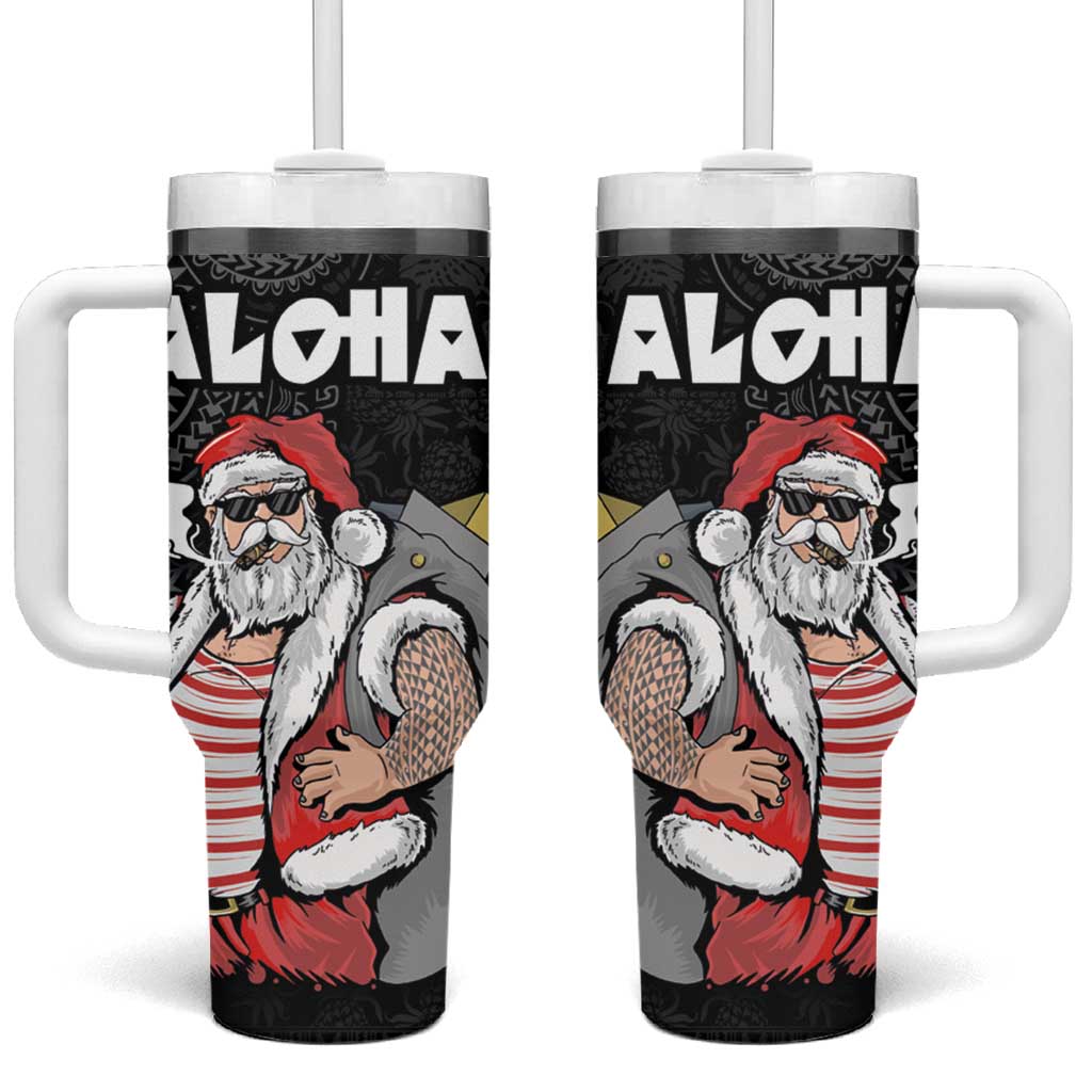 Hawaii Aloha Santa Claus Funny Polynesian Tattoo Black Color Custom Stanley Quencher 40oz Stainless Steel Tumbler With Handle