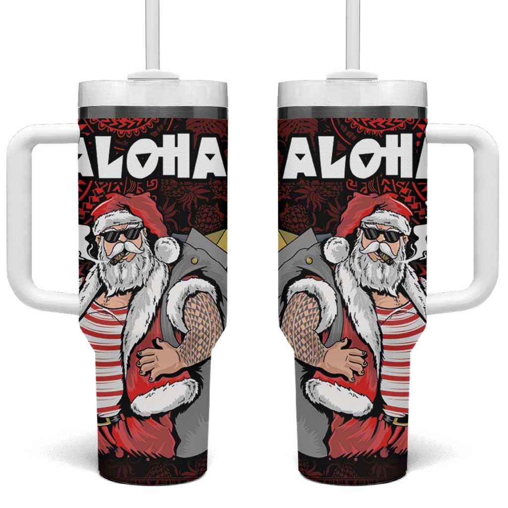 Hawaii Aloha Santa Claus Funny Polynesian Tattoo Red Color Custom Stanley Quencher 40oz Stainless Steel Tumbler With Handle