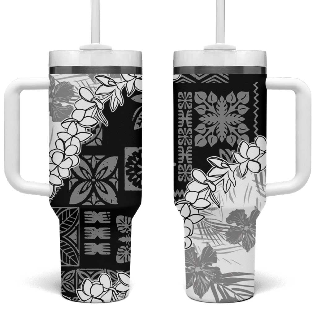 Hawaii Aloha White Quilt Patch Work Mix Plumeria Lei Custom Stanley Quencher 40oz Stainless Steel Tumbler With Handle