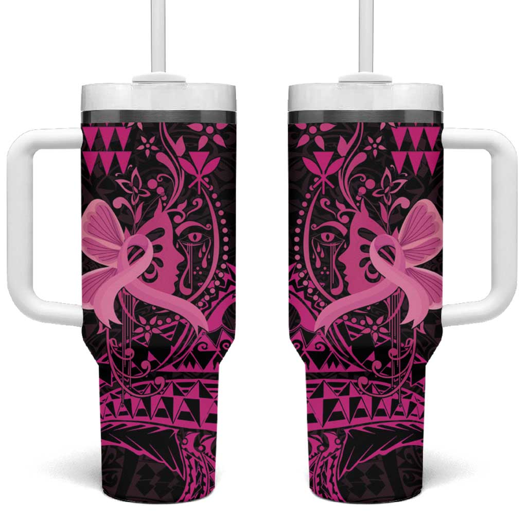 Hawaii Breast Cancer Girl Floral Kakau Custom Stanley Quencher 40oz Stainless Steel Tumbler With Handle