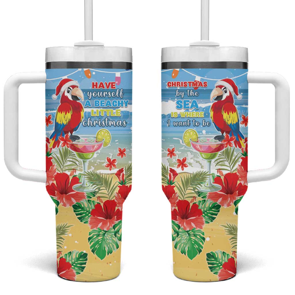 Hawaii Christmas Funny Macaw Parrot Tropical Custom Stanley Quencher 40oz Stainless Steel Tumbler With Handle