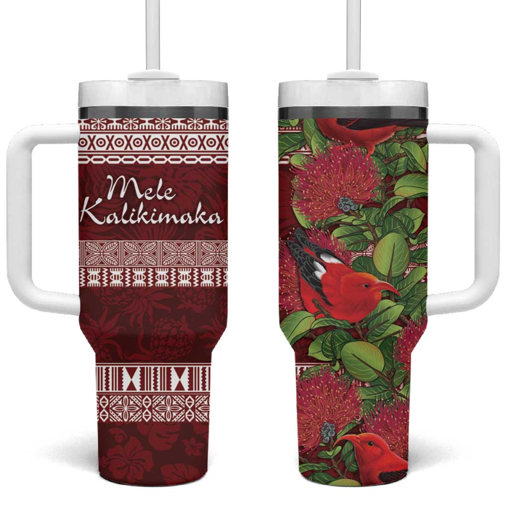 Hawaii Christmas Mele Kalikimaka I'iwi Bird on Ohia Lehua Custom Stanley Quencher 40oz Stainless Steel Tumbler With Handle