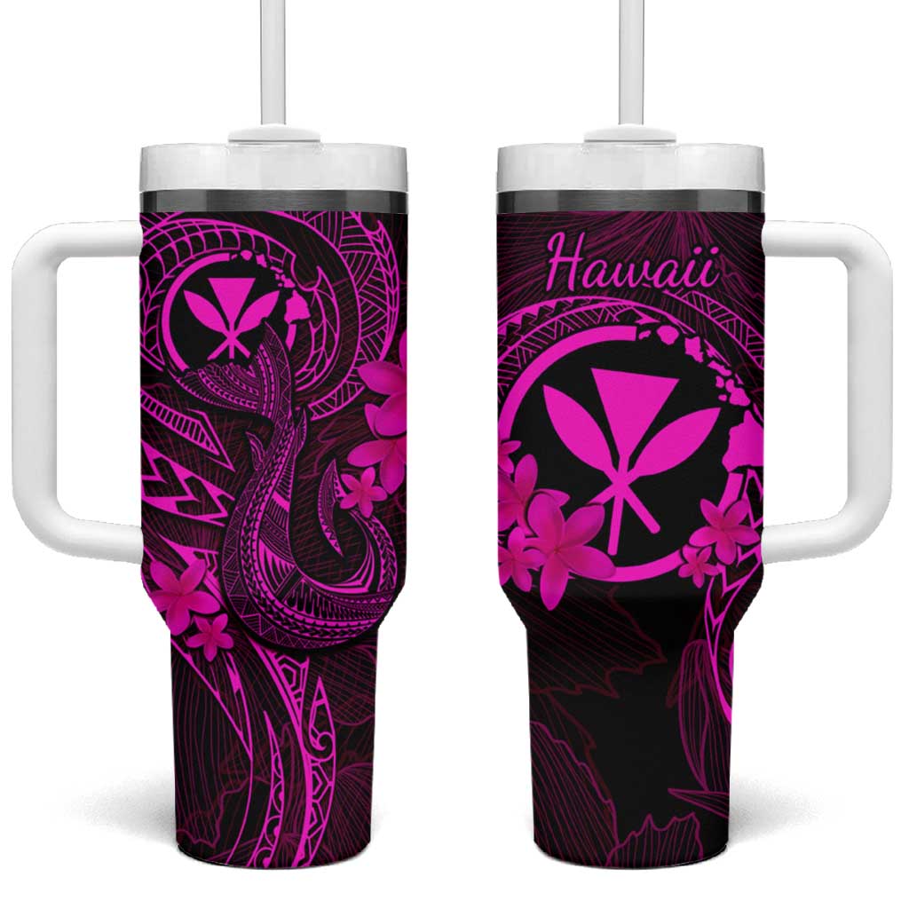 Hawaii Fish Hook Tattoo Mix Polynesian Plumeria Pink Custom Stanley Quencher 40oz Stainless Steel Tumbler With Handle