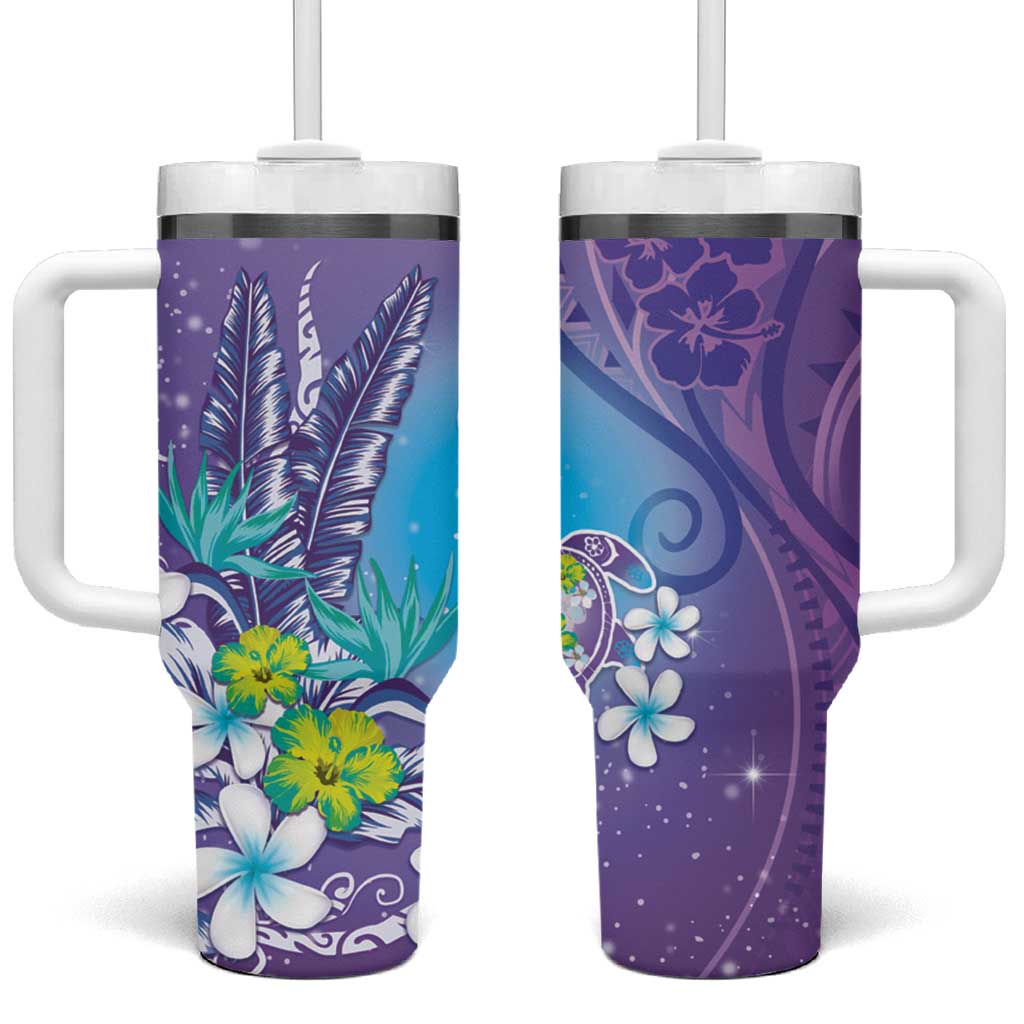 Hawaii Honu Tropical Flowers Purple Gradient Custom Stanley Quencher 40oz Stainless Steel Tumbler With Handle