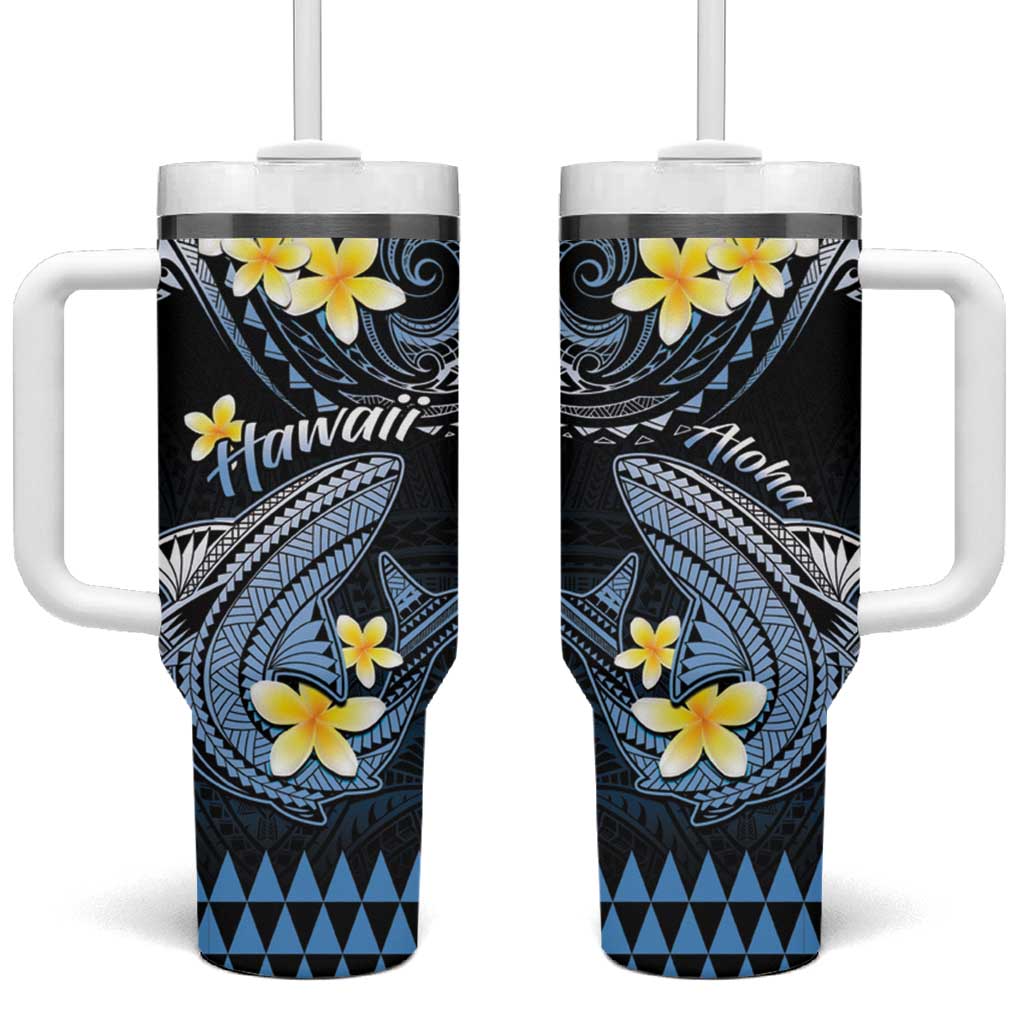 Hawaii Polynesian Shark with Kakau Blue Custom Stanley Quencher 40oz Stainless Steel Tumbler With Handle