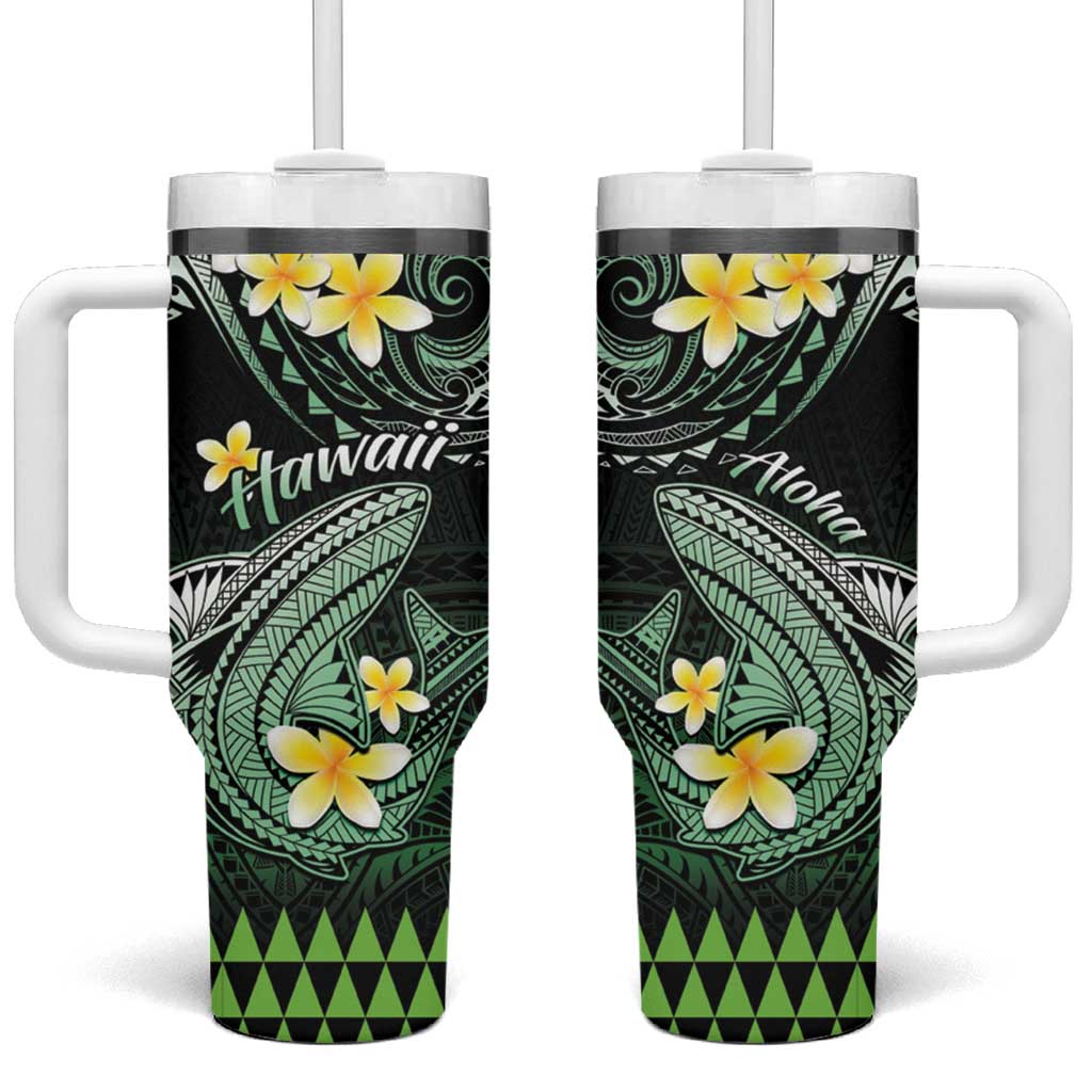 Hawaii Polynesian Shark with Kakau Green Custom Stanley Quencher 40oz Stainless Steel Tumbler With Handle