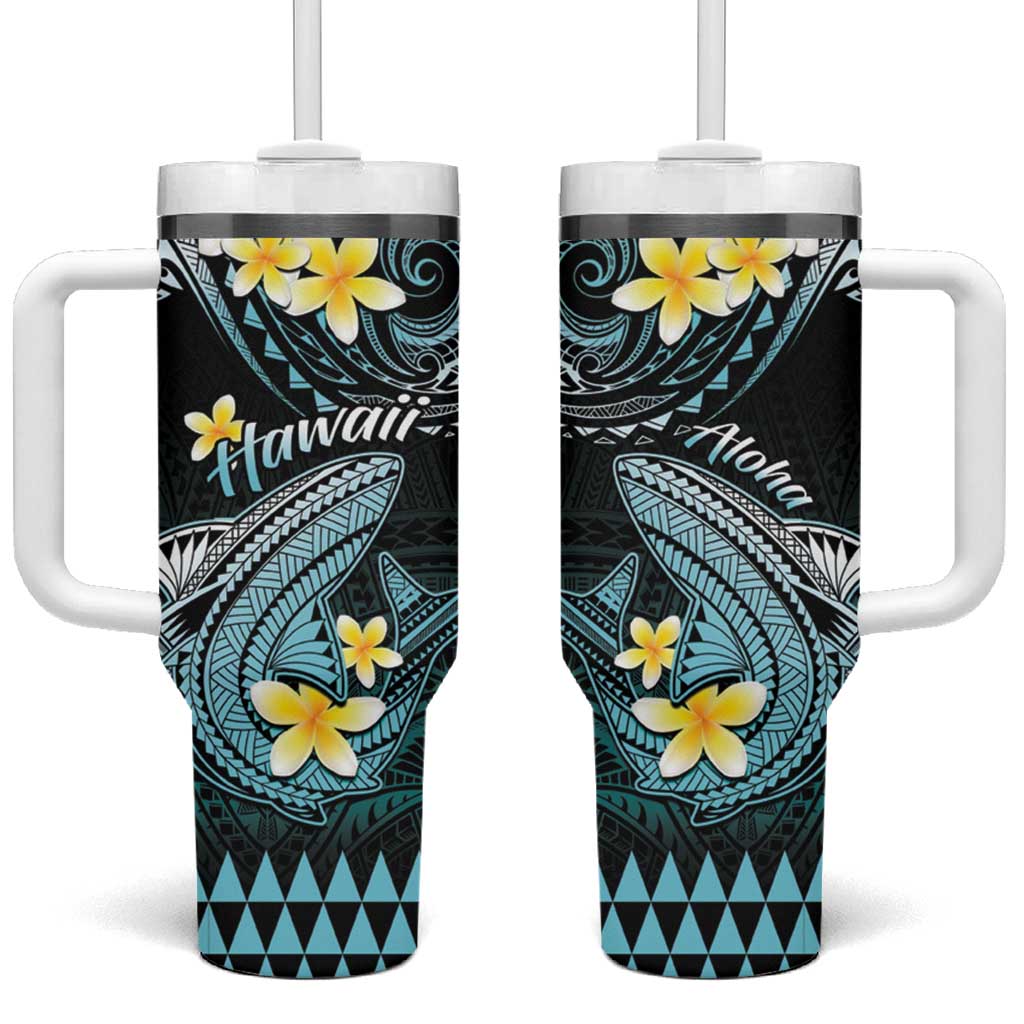 Hawaii Polynesian Shark with Kakau Turquoise Custom Stanley Quencher 40oz Stainless Steel Tumbler With Handle