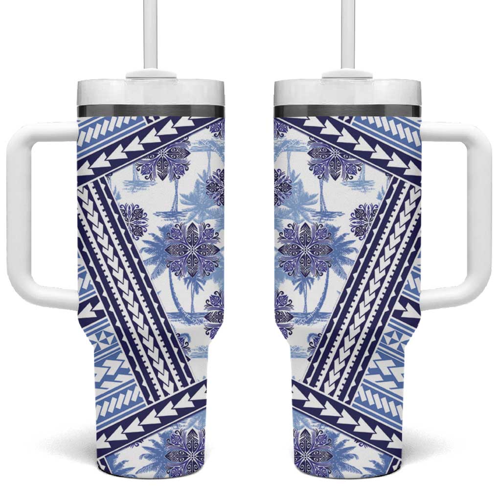 Hawaii Quilt Kakau Polynesian Blue Custom Stanley Quencher 40oz Stainless Steel Tumbler With Handle