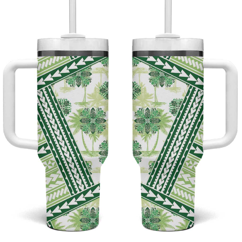 Hawaii Quilt Kakau Polynesian Olive Green Custom Stanley Quencher 40oz Stainless Steel Tumbler With Handle