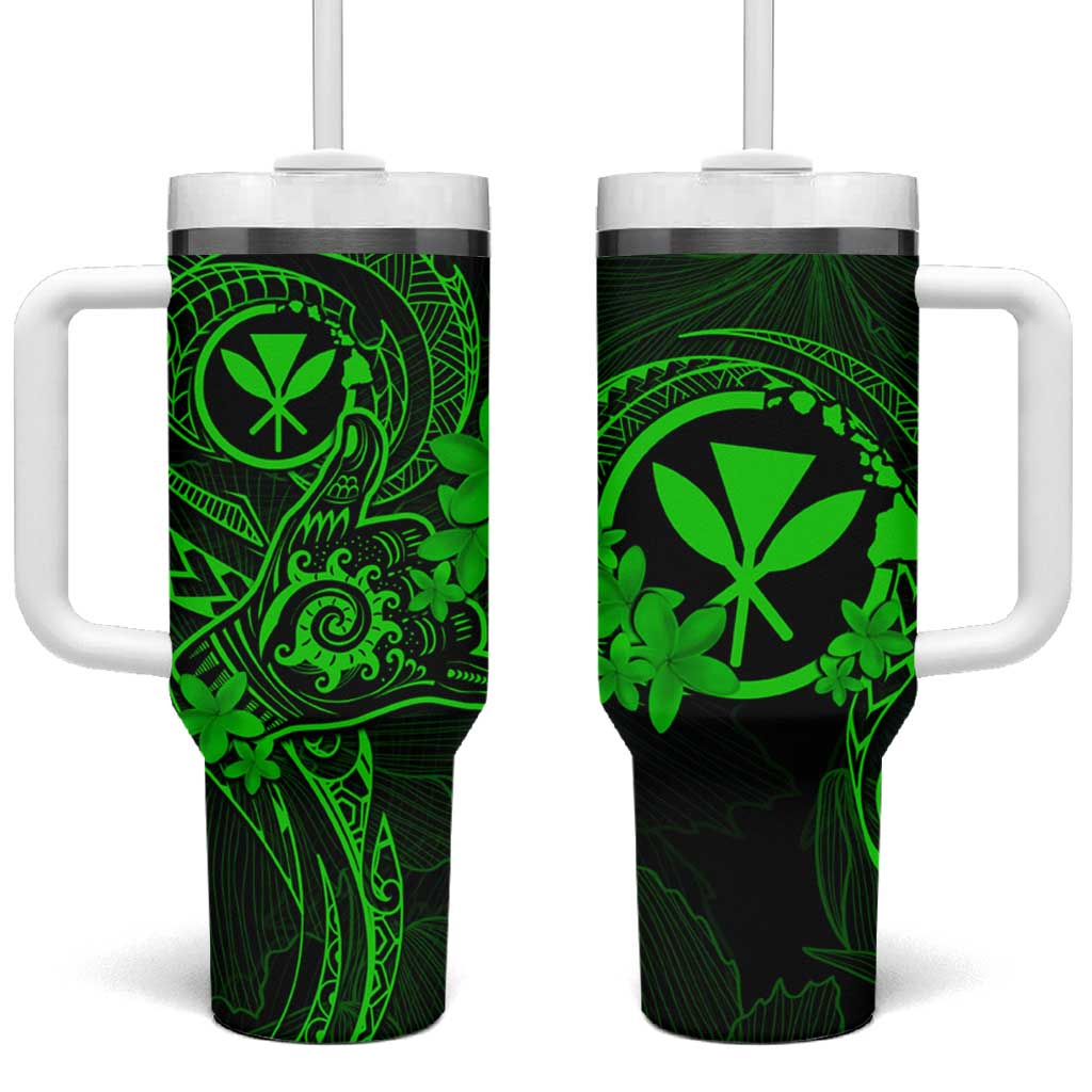 Hawaii Shaka Tattoo Mix Polynesian Plumeria Green Custom Stanley Quencher 40oz Stainless Steel Tumbler With Handle