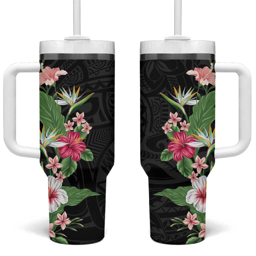 Hawaii Tropical Flowers Polynesian Tattoo Black Custom Stanley Quencher 40oz Stainless Steel Tumbler With Handle