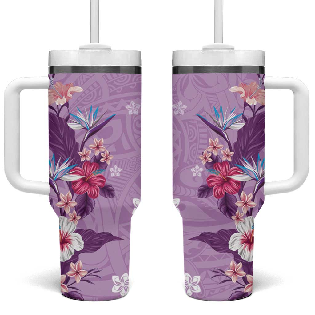 Hawaii Tropical Flowers Polynesian Tattoo Lavender Custom Stanley Quencher 40oz Stainless Steel Tumbler With Handle