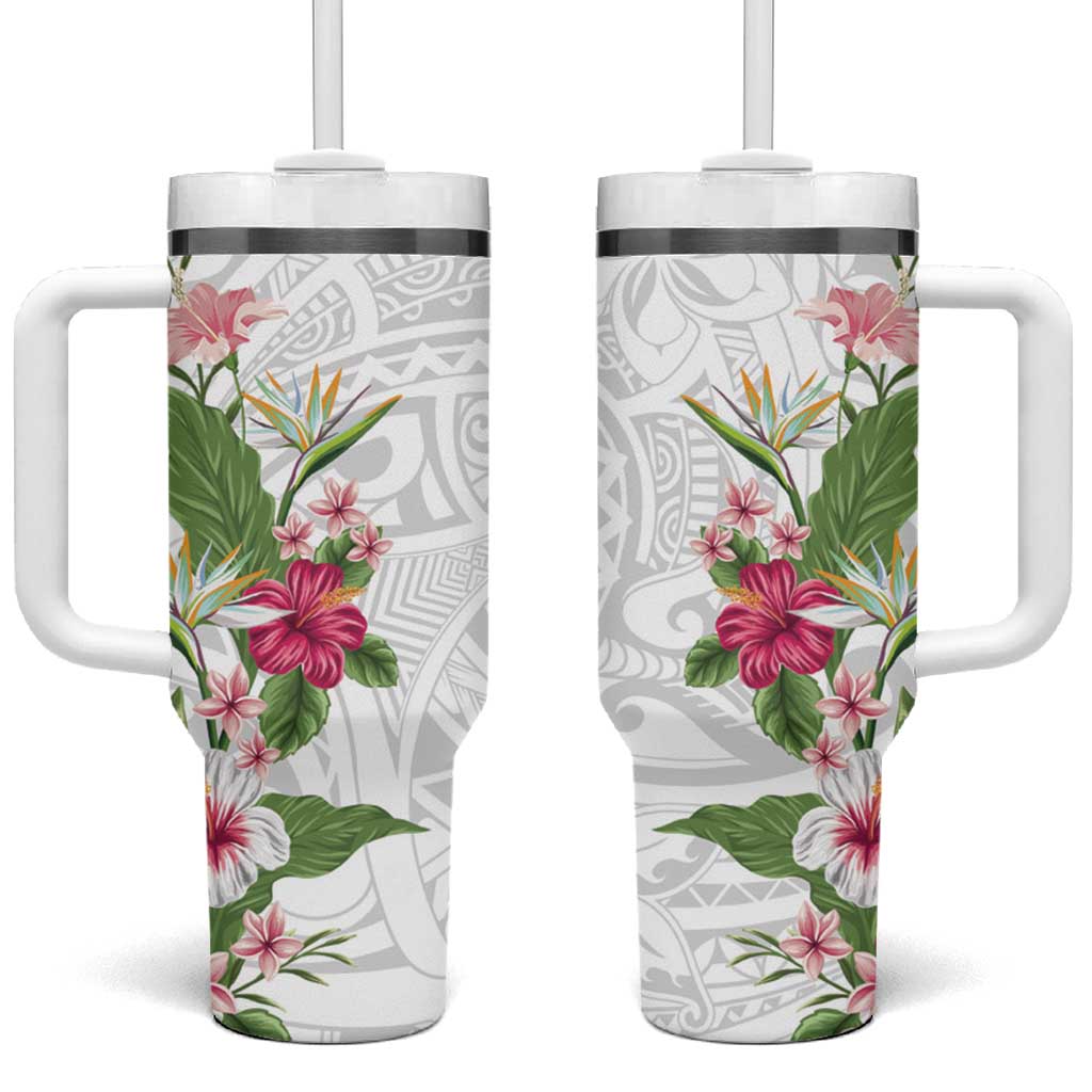 Hawaii Tropical Flowers Polynesian Tattoo White Custom Stanley Quencher 40oz Stainless Steel Tumbler With Handle