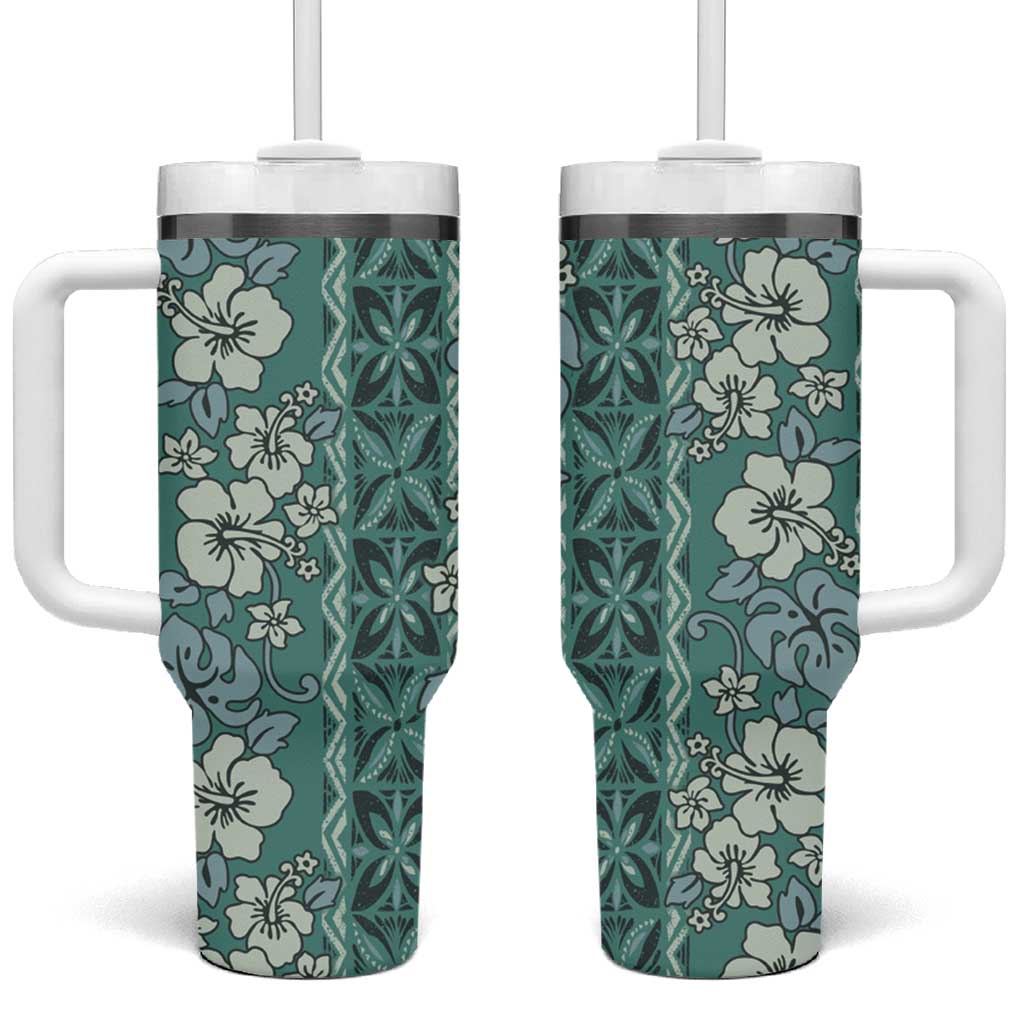 Hawaii Vintage Green Hibiscus Tapa Custom Stanley Quencher 40oz Stainless Steel Tumbler With Handle