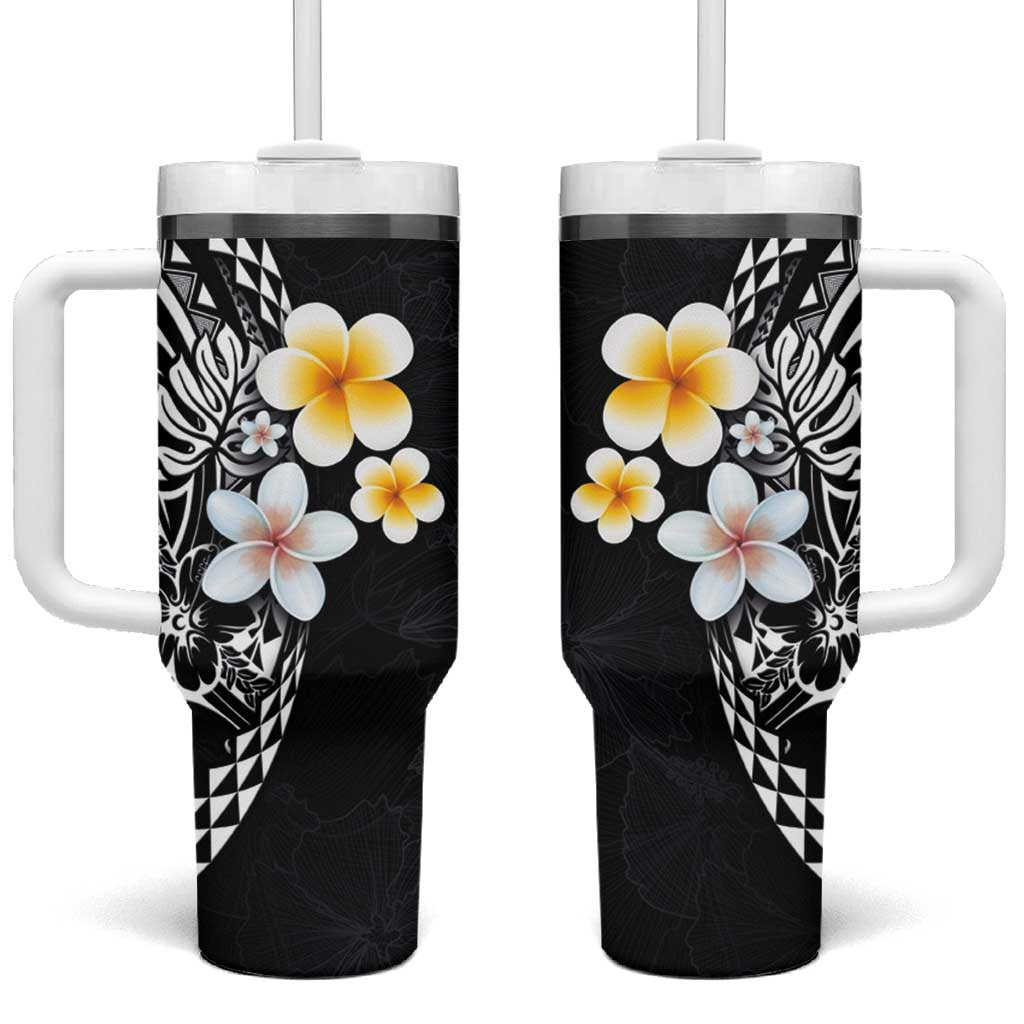 Hawaiian Hibiscus and Plumeria Polynesian Tribal Tattoo Black Color Custom Stanley Quencher 40oz Stainless Steel Tumbler With Handle