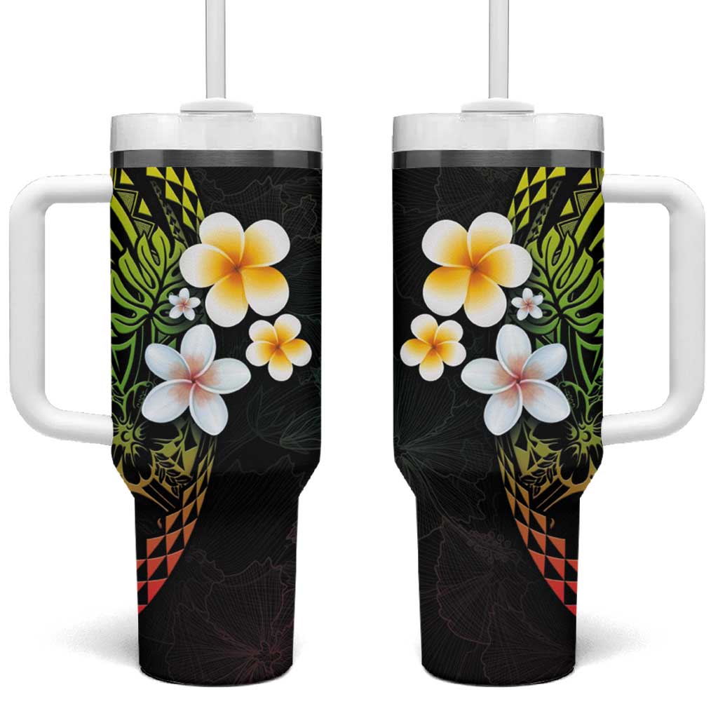 Hawaiian Hibiscus and Plumeria Polynesian Tribal Tattoo Reggae Color Custom Stanley Quencher 40oz Stainless Steel Tumbler With Handle