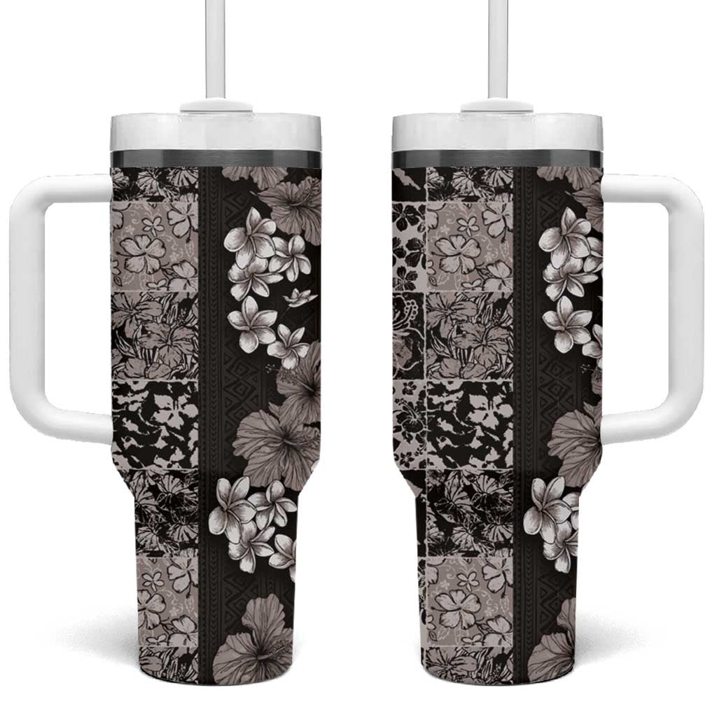 Hawaiian Hibiscus and Tropical Leaves Patchwork Grunge Abstract Vintage Custom Stanley Quencher 40oz Stainless Steel Tumbler With Handle