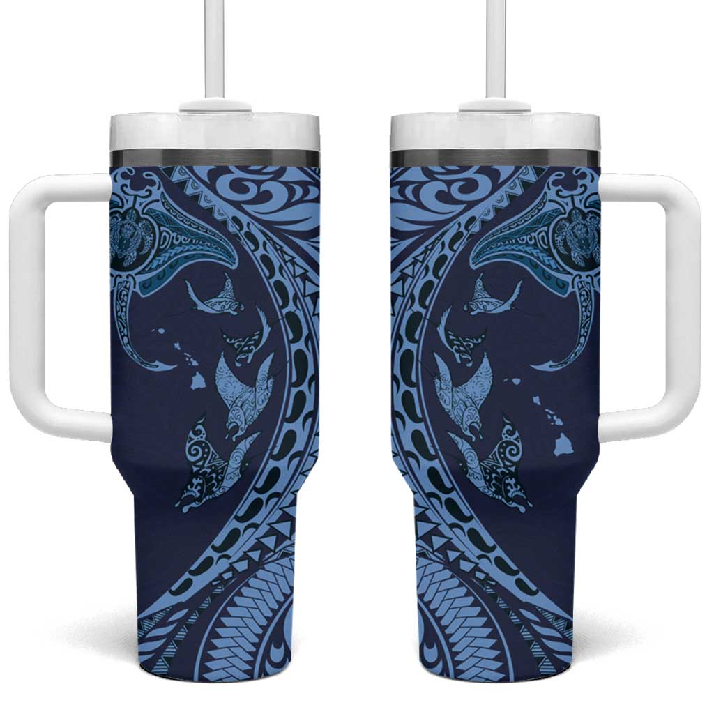 Hawaiian Manta Ray and Polynesian Tribal Tattoo Dark Navy Color Custom Stanley Quencher 40oz Stainless Steel Tumbler With Handle