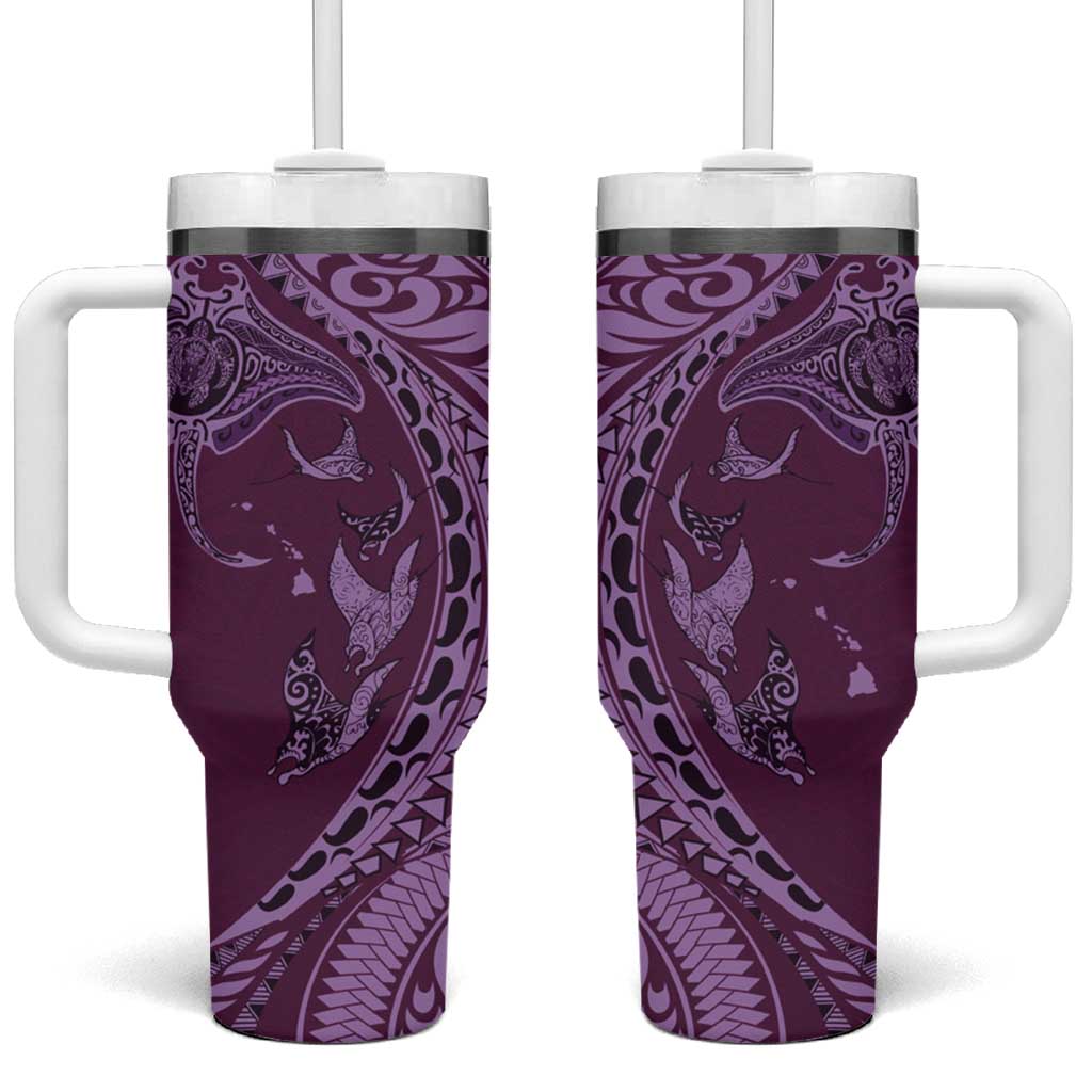 Hawaiian Manta Ray and Polynesian Tribal Tattoo Pink Color Custom Stanley Quencher 40oz Stainless Steel Tumbler With Handle