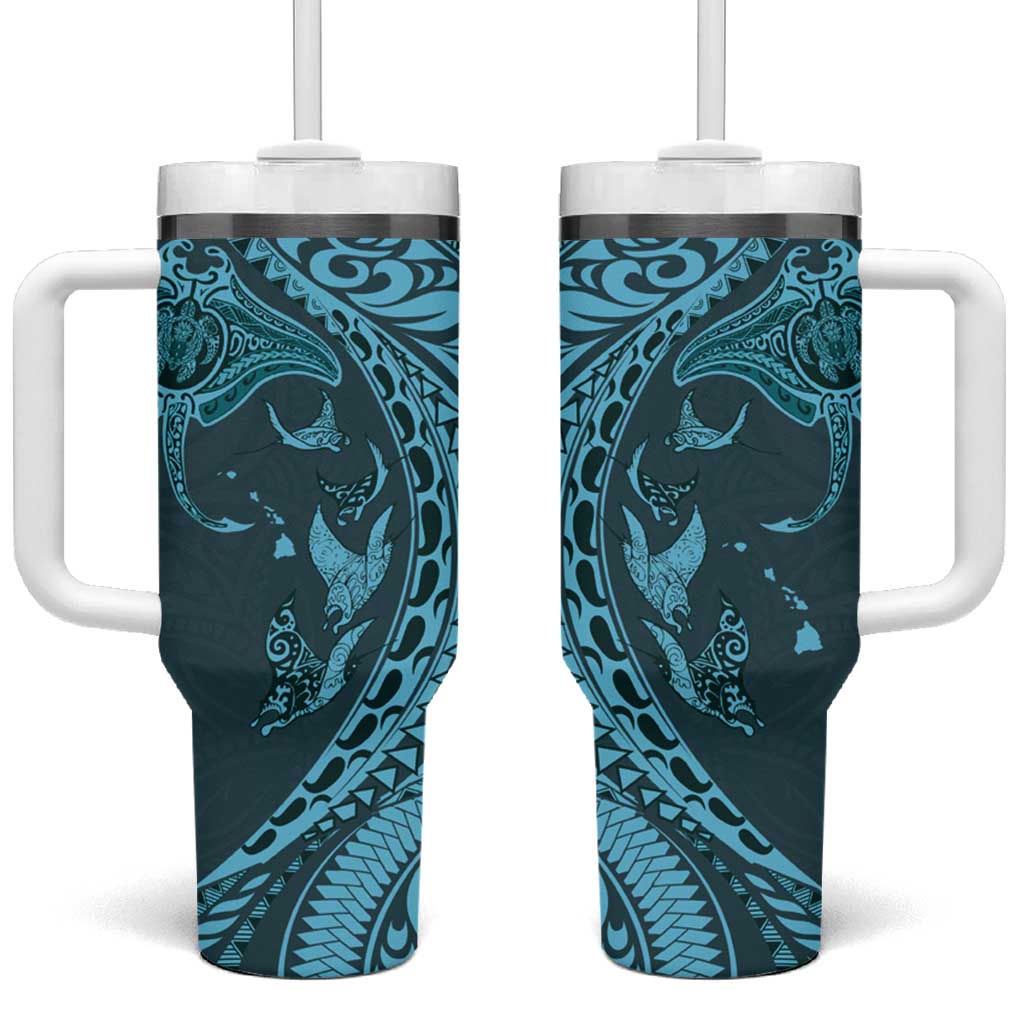 Hawaiian Manta Ray and Polynesian Tribal Tattoo Turquoise Color Custom Stanley Quencher 40oz Stainless Steel Tumbler With Handle