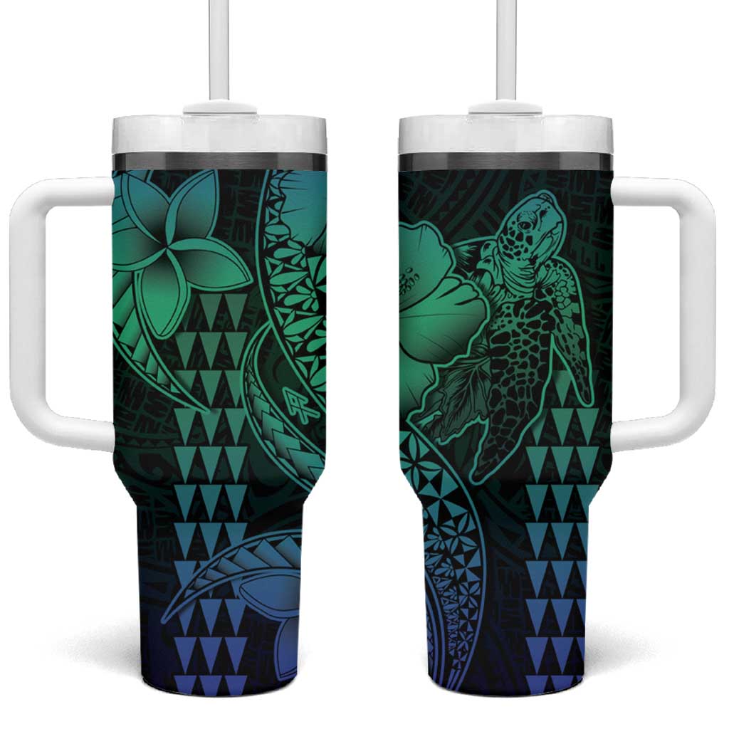 Hawaiian Sea Turtle Blue Hibiscus Flowers and Kakau Custom Stanley Quencher 40oz Stainless Steel Tumbler With Handle