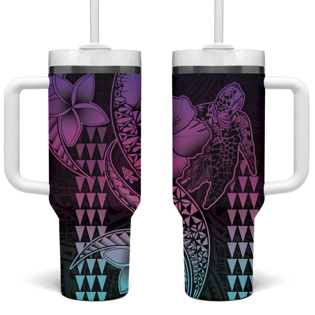 Hawaiian Sea Turtle Pink Hibiscus Flowers and Kakau Custom Stanley Quencher 40oz Stainless Steel Tumbler With Handle
