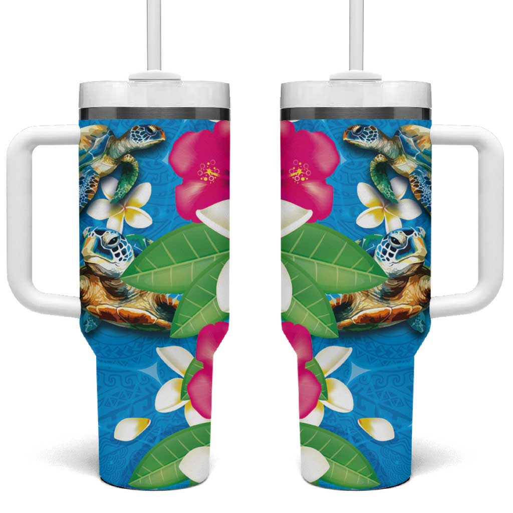 Hawaiian Tropical Flower and Honu Under Blue Water Custom Stanley Quencher 40oz Stainless Steel Tumbler With Handle