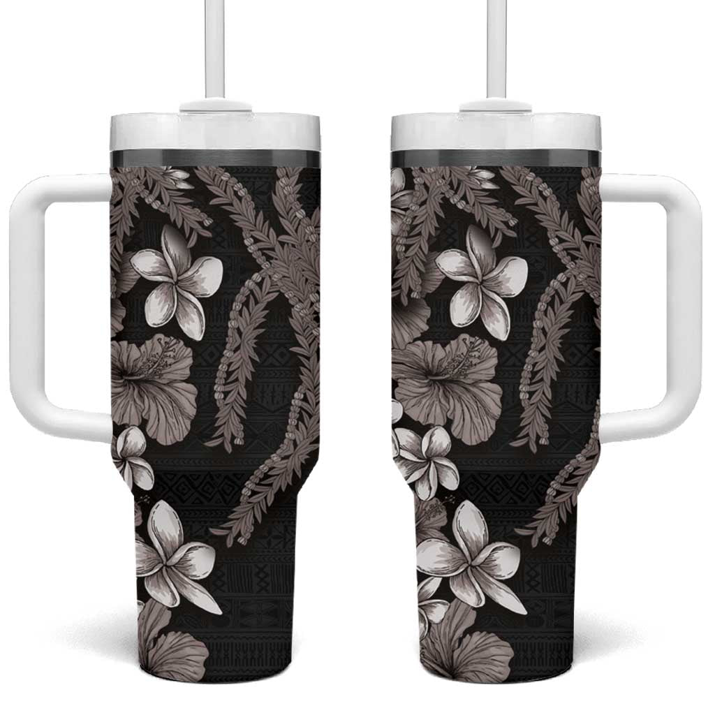 Hawaiian Tropical Flowers and Maile Pikake Polynesian Tribal Grayscale Mode Custom Stanley Quencher 40oz Stainless Steel Tumbler With Handle
