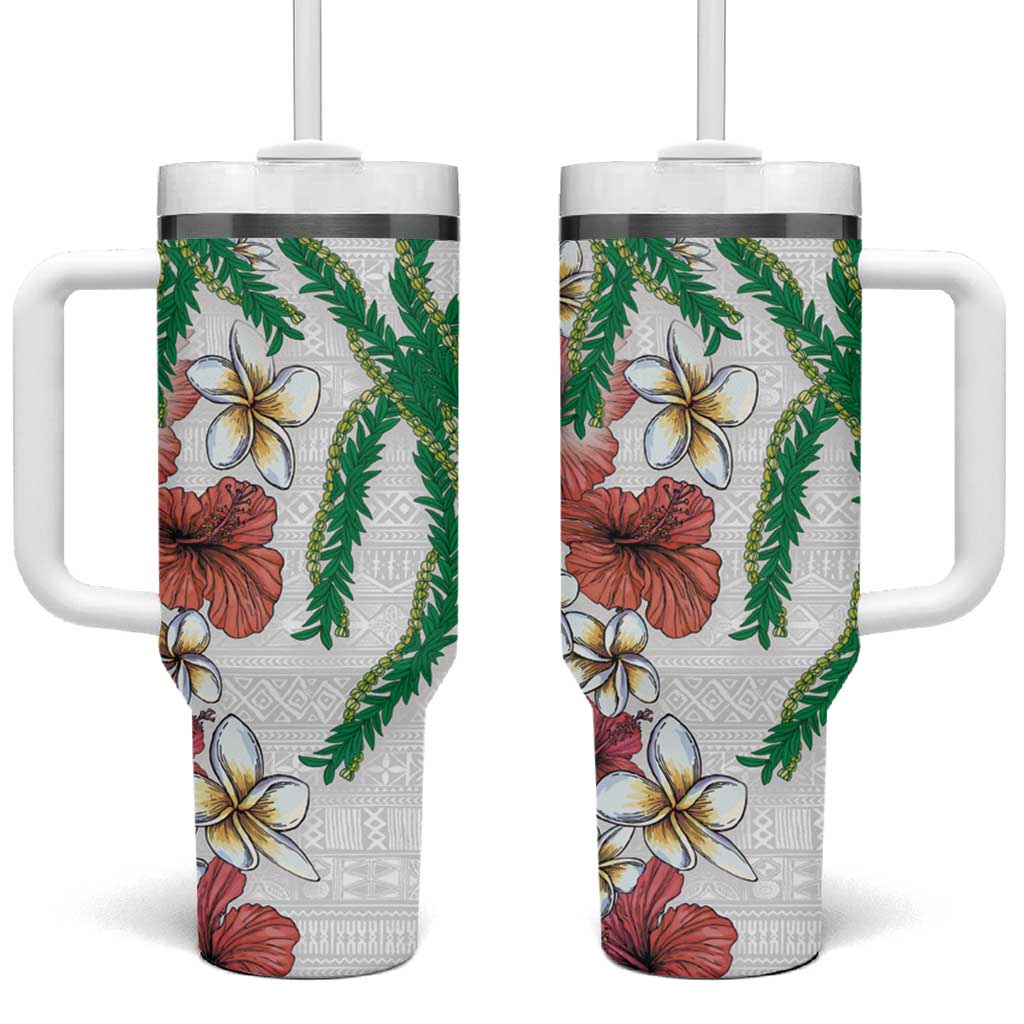 Hawaiian Tropical Flowers and Maile Pikake Polynesian Tribal White Color Custom Stanley Quencher 40oz Stainless Steel Tumbler With Handle