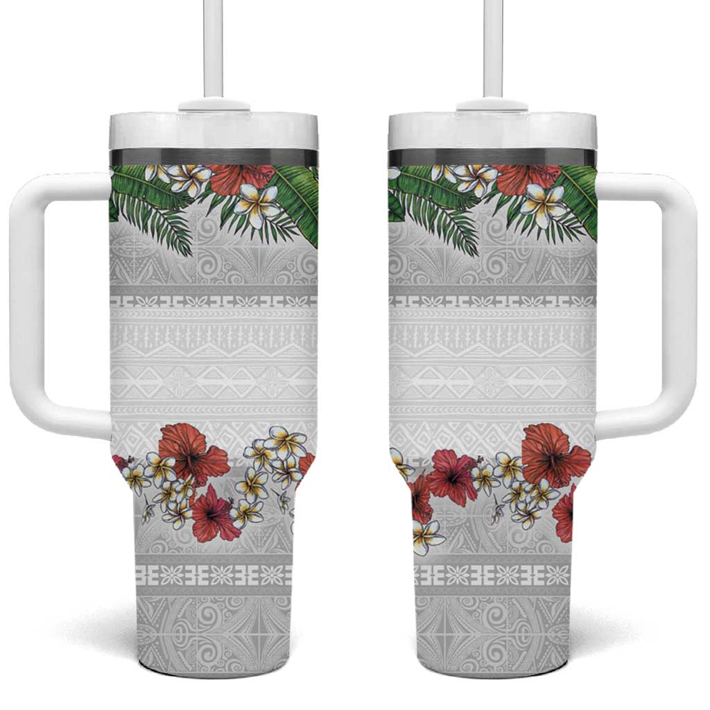 Hawaiian Tropical Flowers and Tribal Polynesian Tattoo Custom Stanley Quencher 40oz Stainless Steel Tumbler With Handle
