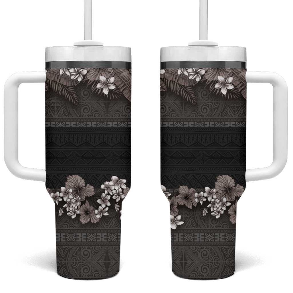 Hawaiian Tropical Flowers and Tribal Polynesian Tattoo Grayscale Mode Custom Stanley Quencher 40oz Stainless Steel Tumbler With Handle