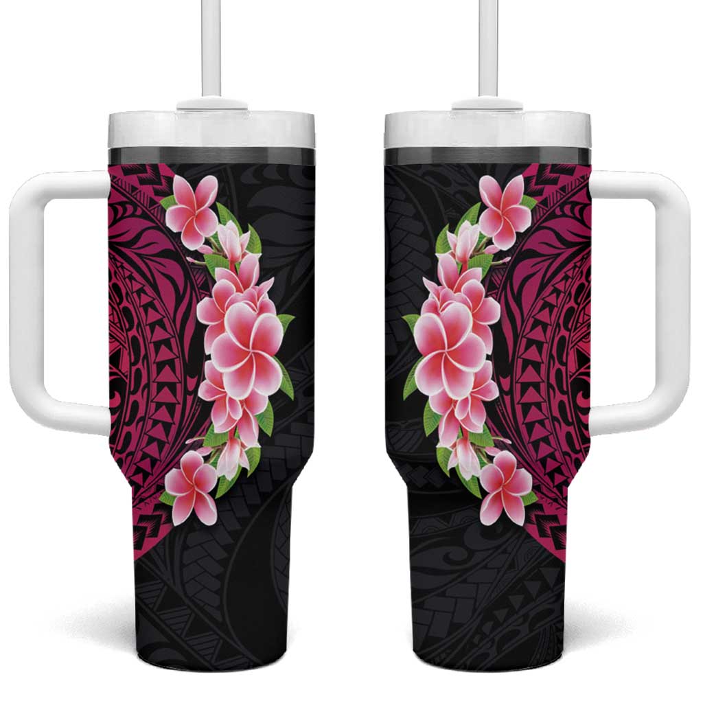 Hawaiian Tropical Plumeria Art Polynesian Tattoo Black and Bright Pink Color Custom Stanley Quencher 40oz Stainless Steel Tumbler With Handle