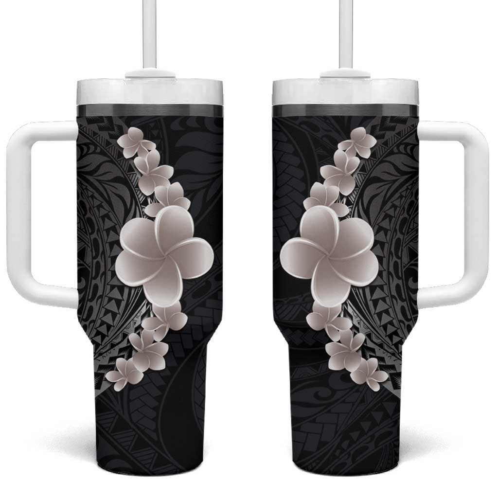 Hawaiian Tropical Plumeria Art Polynesian Tattoo Grayscale Color Custom Stanley Quencher 40oz Stainless Steel Tumbler With Handle