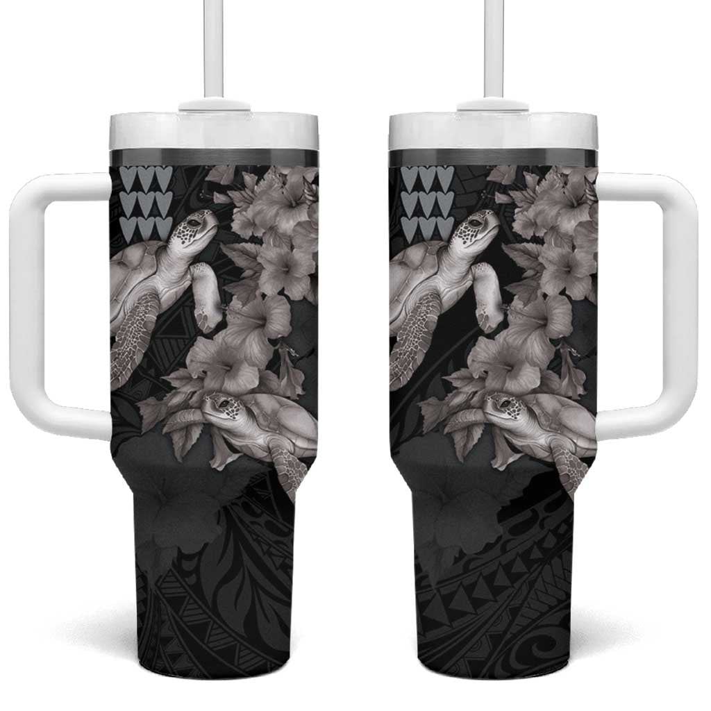 Hawaiian Turtle Love Sweet Hibiscus and Kakau Grayscale Color Custom Stanley Quencher 40oz Stainless Steel Tumbler With Handle