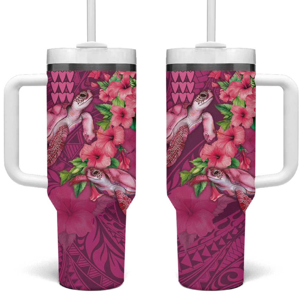 Hawaiian Turtle Love Sweet Hibiscus and Kakau Rose Color Custom Stanley Quencher 40oz Stainless Steel Tumbler With Handle