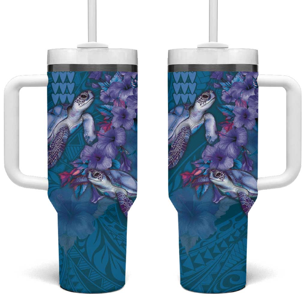 Hawaiian Turtle Love Sweet Hibiscus and Kakau Sapphire Color Custom Stanley Quencher 40oz Stainless Steel Tumbler With Handle