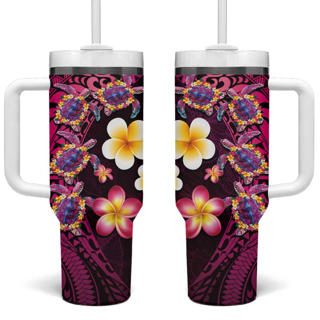 Hawaiian Turtles and Plumeria Polynesian Art Tribal Tattoo Cerise Custom Stanley Quencher 40oz Stainless Steel Tumbler With Handle