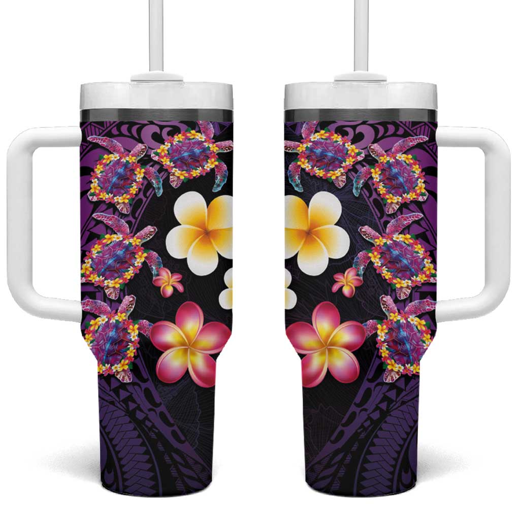 Hawaiian Turtles and Plumeria Polynesian Art Tribal Tattoo Deep Violet Color Custom Stanley Quencher 40oz Stainless Steel Tumbler With Handle