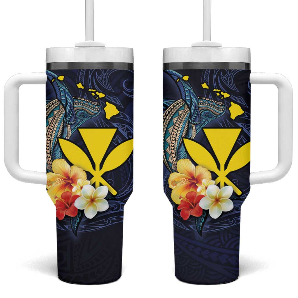 Hawaiian Whale and Kanaka Maoli Symbol Hibiscus Custom Stanley Quencher 40oz Stainless Steel Tumbler With Handle