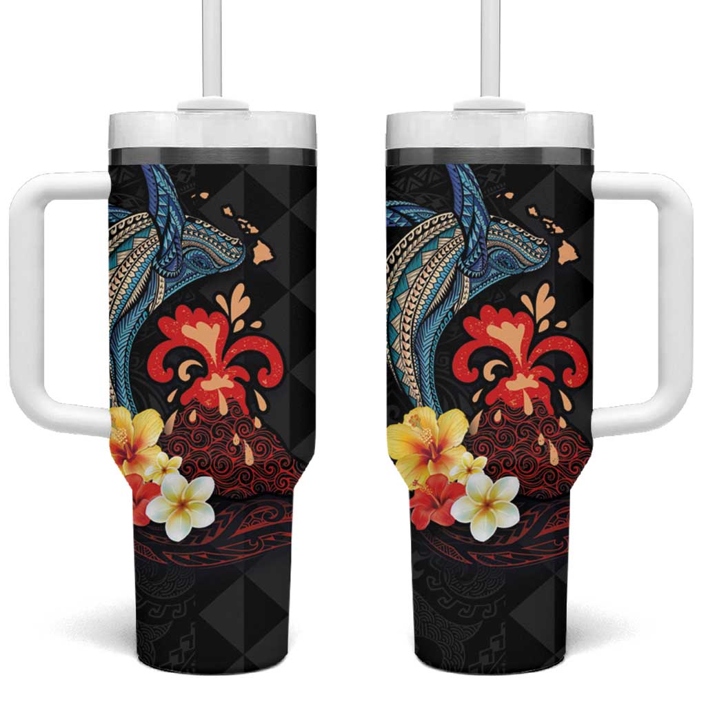 Hawaiian Whale and Volcanic Eruption Hibiscus and Kakau Custom Stanley Quencher 40oz Stainless Steel Tumbler With Handle