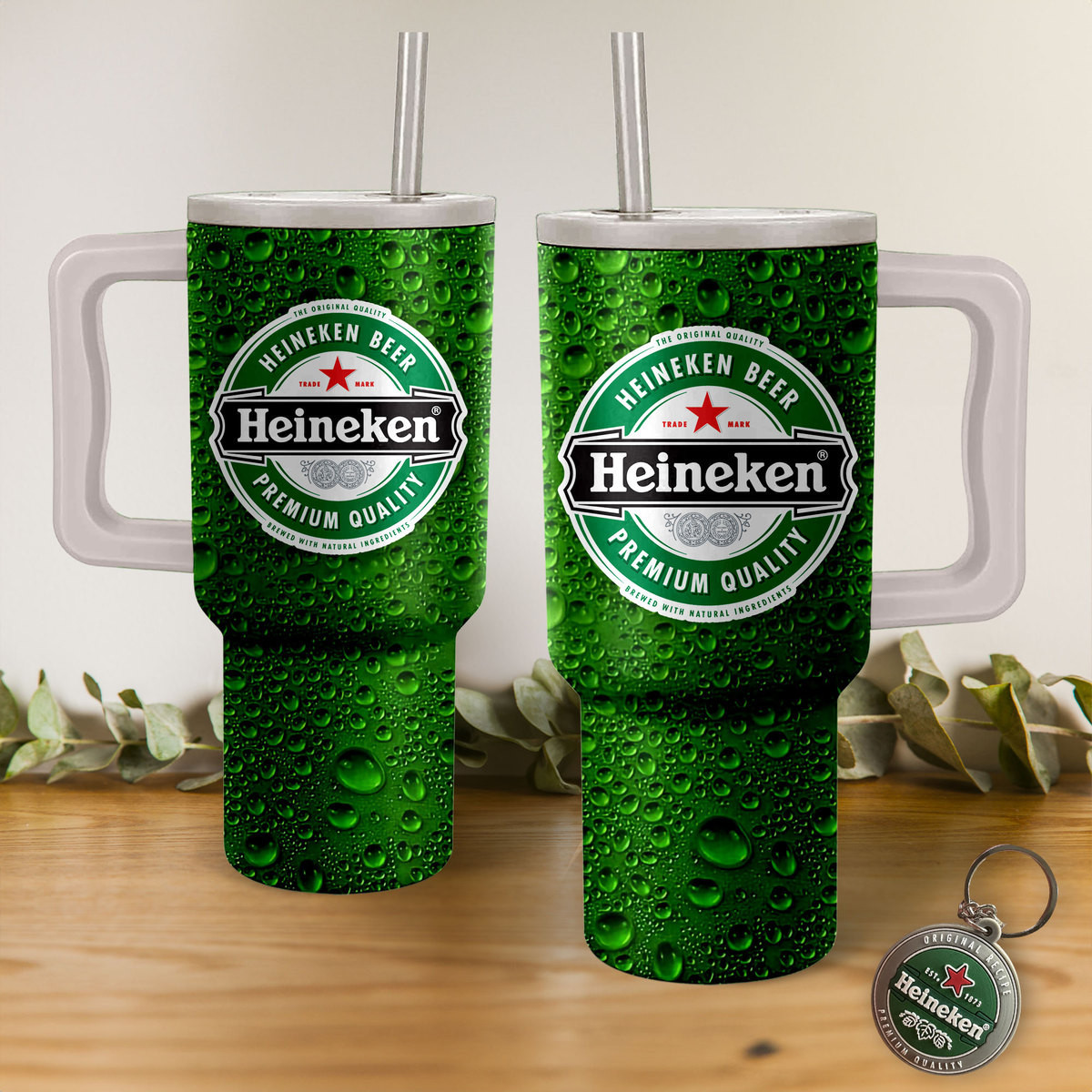 Heineken Premium Quality Beer Custom Stanley Quencher 40oz Stainless Steel Tumbler With Handle