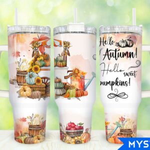 Hello Autumn Pumpkins Custom Stanley Quencher 40oz Stainless Steel Tumbler With Handle