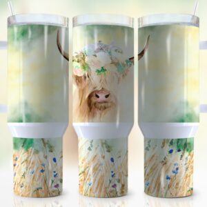 Highland Cow Floral Custom Stanley Quencher 40oz Stainless Steel Tumbler With Handle