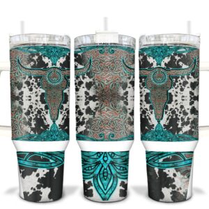 Highland Cow Skull Custom Stanley Quencher 40oz Stainless Steel Tumbler With Handle
