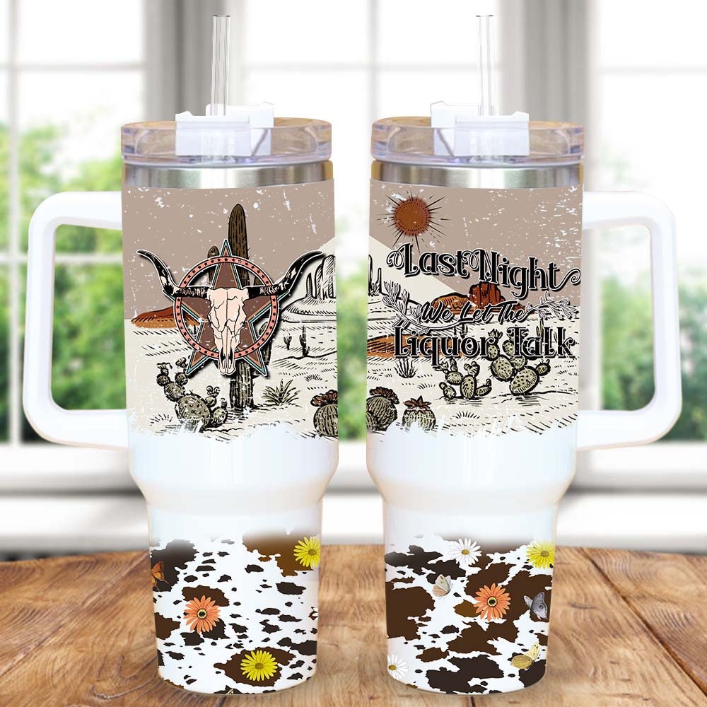 Highland Cow Skull Western Dessert Custom Stanley Quencher 40oz Stainless Steel Tumbler With Handle