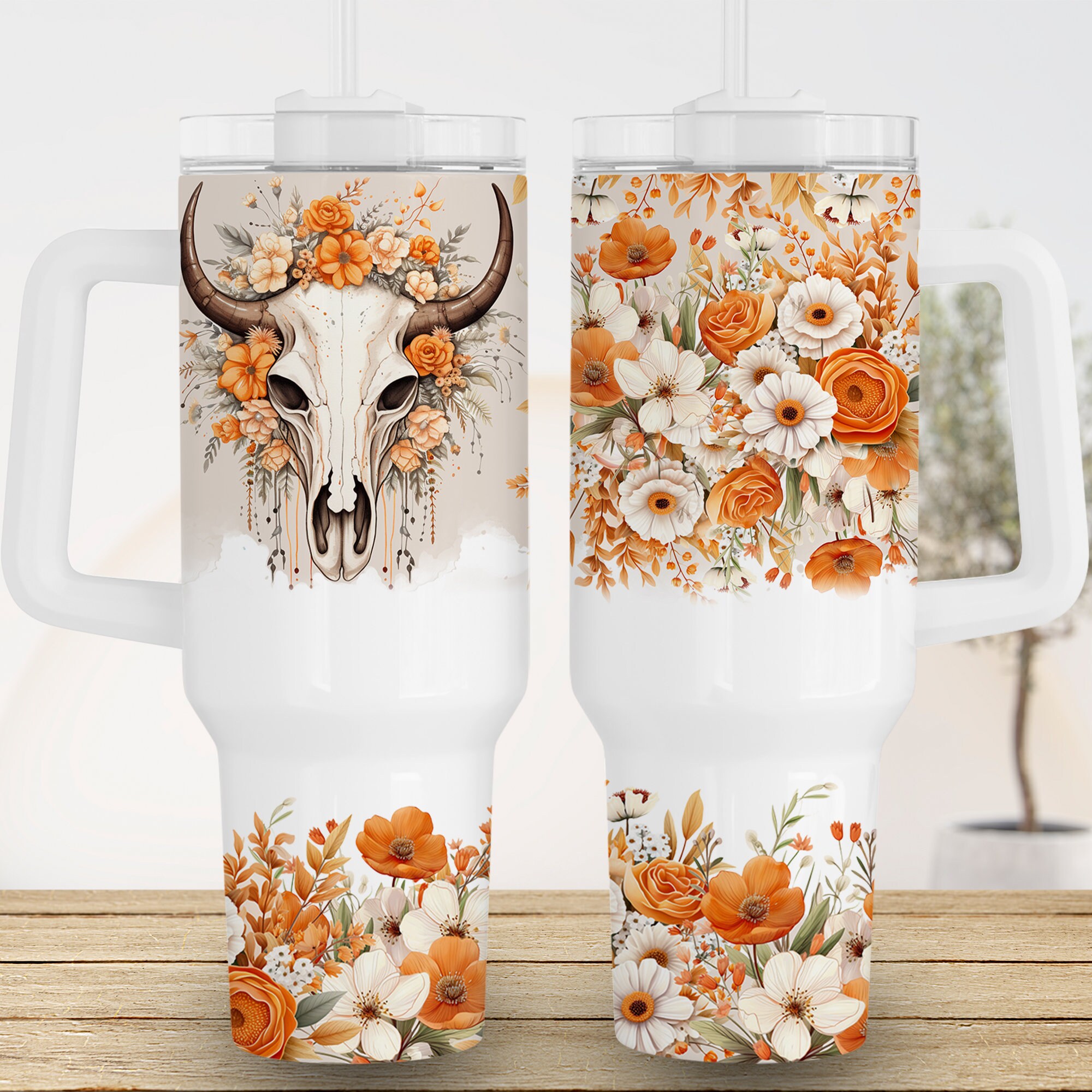 Highland Cow Skull White And Orange Flowers Custom Stanley Quencher 40oz Stainless Steel Tumbler With Handle