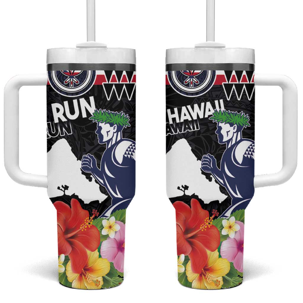 Honolulu Running Race Hawaii Marathon Kakau Art with Hibiscus and National Flag Custom Stanley Quencher 40oz Stainless Steel Tumbler With Handle