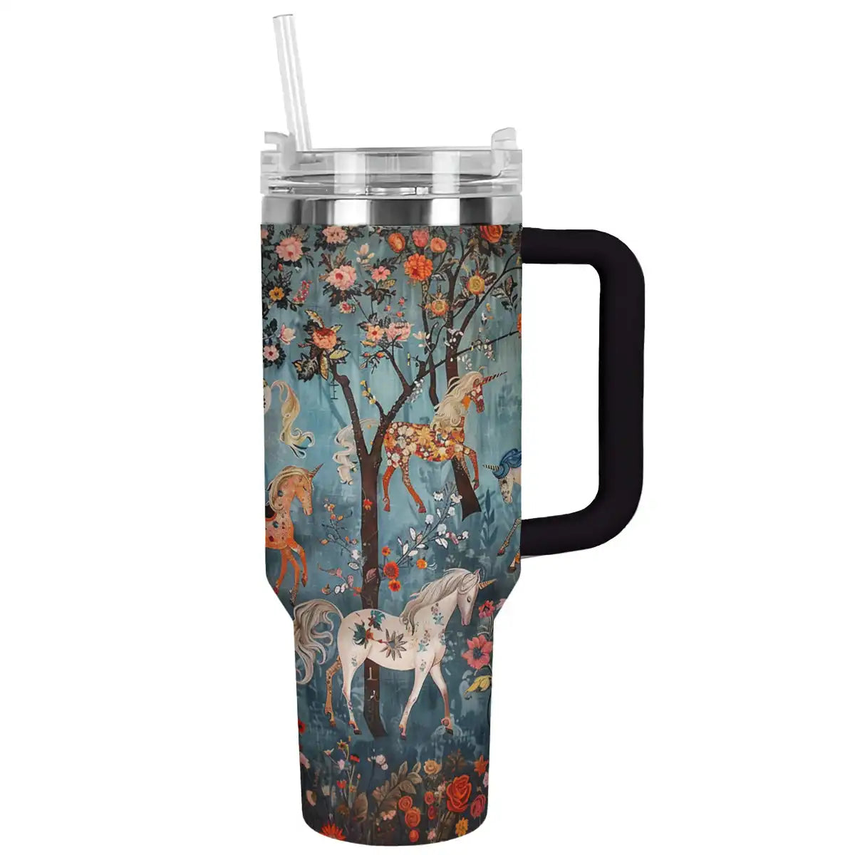 Horse In Flower World Custom Stanley Quencher 40oz Stainless Steel Tumbler With Handle