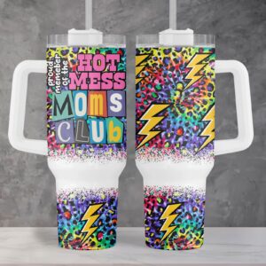 Hot Mess Moms Club Leopard Print Custom Stanley Quencher 40oz Stainless Steel Tumbler With Handle